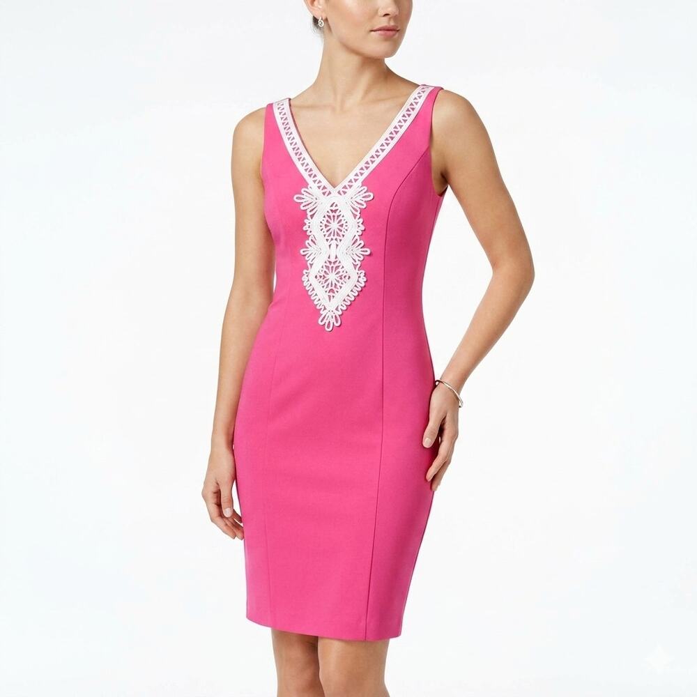 Eliza J Embroidered V-Neck Sleeveless Pink Sheath Ponte Dress Womens Size 8 NWT